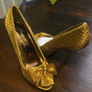 Poetic License Gold Stiletto Heels with Bow Detail